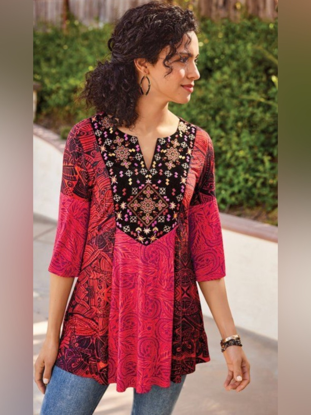 Soft Surroundings Suzi Tunic Women Sz XL Red Embroidered Velvet Flowy Top Boho
